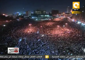 רבבות מפגינים מציפים את כיכר א-תחריר בזעם על גזר הדין של מובארק, הערב (צילום מהטלוויזיה המצרית)