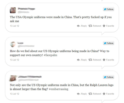 דוגמאות לתגובות בנושא מתוך אתר: http://twitchy.com/2012/07/13/seeing-red-u-s-olympic-uniforms-made-in-china/