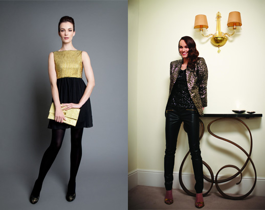 מימין: ז'קט זהב עם נצנצים, גופיה שחורה עם נצנצים וג'ינס שחור - Marisota; משמאל: שמלה בשחור וזהב ותיק קלאץ' בזהב - Heatons