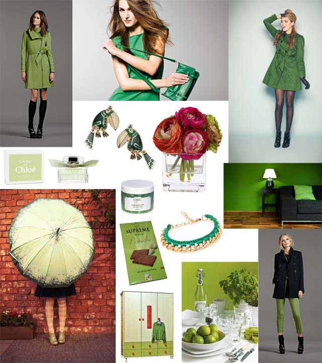 ירוק בעיניים: מעיל טרנץ' ירוק Layla Mac in green - Eucalyptus; חולצה ותיק - בנטון; מעיל צמר ירוק - Laurel, בית האופנה מילוס; ירוק בסלון - נירלט; אגרטל מרובע ופרחים - H&M ; עגילי תוכי Terry Toucan - אקססורייז; בושם L'eau de Chloe; מלח גבישי "אמבט ירוק" - Chic; צמיד - TAL&MAYA; שוקולד LE MOMENT SUPREME של חברת The Chocolate Spot, יבואנית ק.א. שוקולד; ארון מדגם "יובל" של רהיטי שגם; נעליים ירוקות מדגם אוליביה ומטרייה - רוני קנטור. צילומים: יח"ץ. צילום רוני קנטור: דרור בן נפתלי. עריכה גרפית: מירה-בל גזית