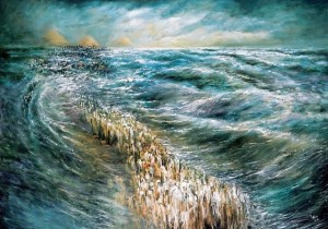 "ויבואו בני ישראל בתוך הים ביבשה..." קריעת ים סוף. ציור מאת לידיה קוזניצקי(מקור: ויקימדיה)