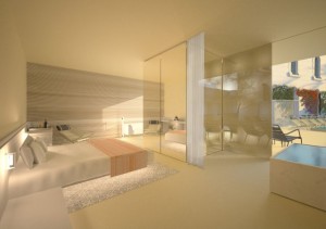 הדמיה של חדר עם בריכה במלון W העתידי ביפו. דירות המגורים והמרחבים הציבוריים, שואבים את השראתם מהסביבה המקומית