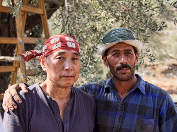 ג'מל מהכפר עווארתה ומתנדב יפני שבא לסייע במסיק הזיתים (צילום דן בר דוב)