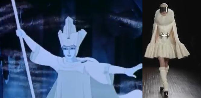 נפרדים ממלכת החורף: משמאל- דמותה של מלכת השלג מתוך סרט אנימציה רוסי (1957). מימין: אינטרפרטציה של "אלכסנדר מקווין" לסתיו/חורף 2013.