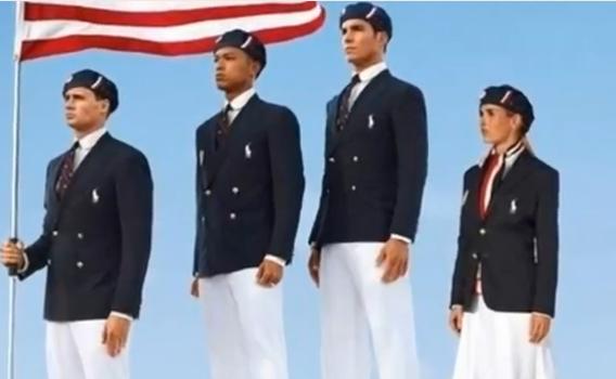 מדי הנבחרת האולימפית של ארה"ב 2012: בלייזר כחול, מכנסיים בצבע שמנת לגברים וחצאיות לנשים, וכובע ברט מעוטר בפסים אדומים ולבנים.