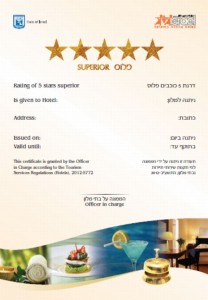 דוגמה לתעודה למלון של חמישה כוכבים בדירוג המלונות העתידי של ישראל