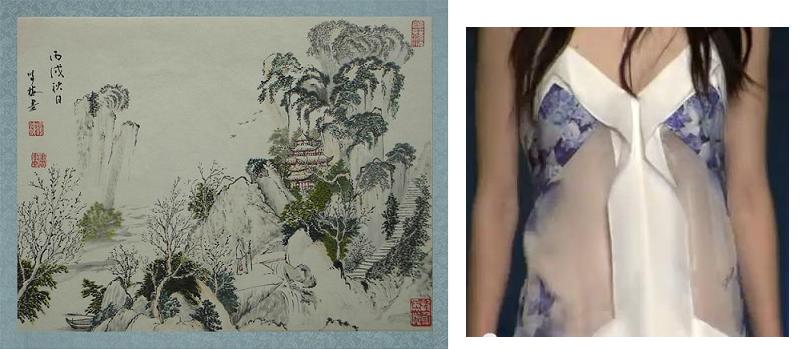 תצוגת אופנה "Just Cavalli" – הדפסים בהשראת צבעי מים סיניים. צילום משמאל: וויקימדיה