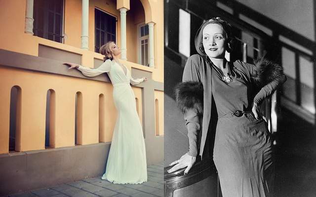 משמאל: שמלה צמודה המתרחבת כלפי מטה בסגנון שנות ה-30. צילום: אלה אוזן; מימין: ההשראה- כוכבת שנות ה-30 מרלן דיטריך. צילום: וויקימדיה