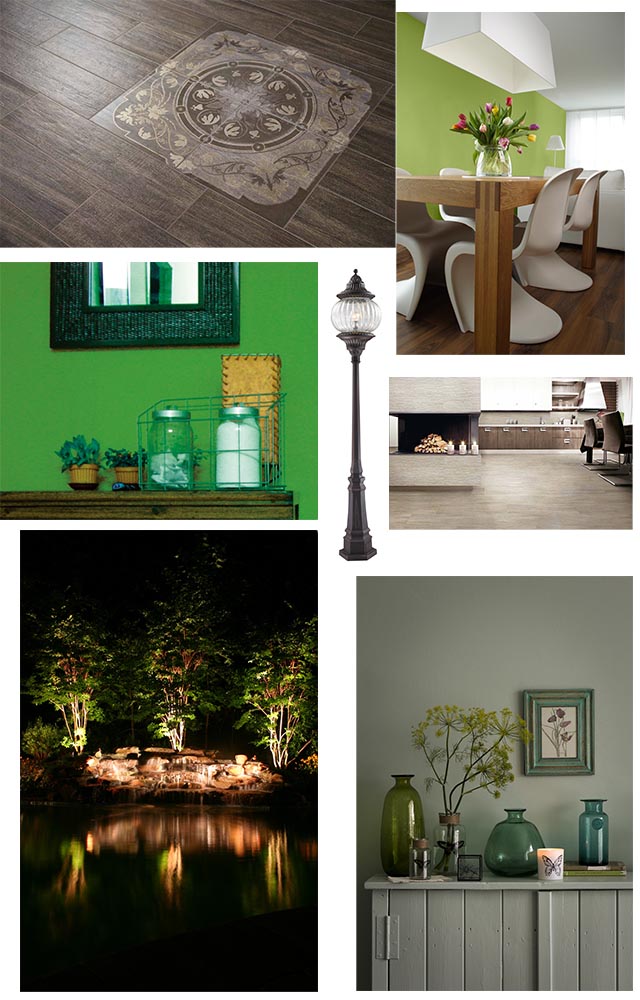 ירוק אמרלד לקיר בחדר האוכל, "נירלט"; אריחי קרמיקה בהדפסי עץ, Pimme, להשיג ברשת "חרש"; תאורת גן, החל מ- 199.90 שקל - "רשת מחסני תאורה"; עיצוב בירוק, "נירלט"; ירוק שולט גם ברשת Sainsburys Home; תאורת גן - "מחסני תאורה". 