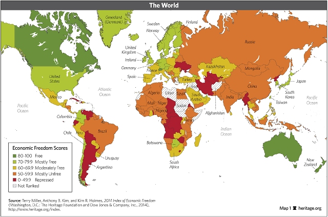 מפת החופש הכלכלי בעולם (מקור: heritage.org)