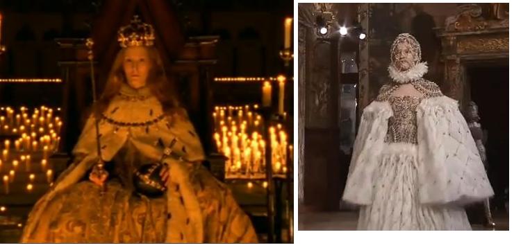 דמותה של אליזבת הראשונה כהשראה לתצוגה של "אלכסנדר מקווין": שמלה מעוטרת זהב ושכמייה פרוותית לבנה.