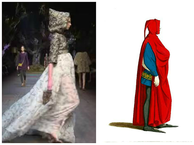 מימין: לבוש מסורתי לגבר, צרפת של ימי הביניים (וויקימדיה). שמאל: דגם מהתצוגה של "דולצ'ה וגבאנה" לסתיו/חורף 2015